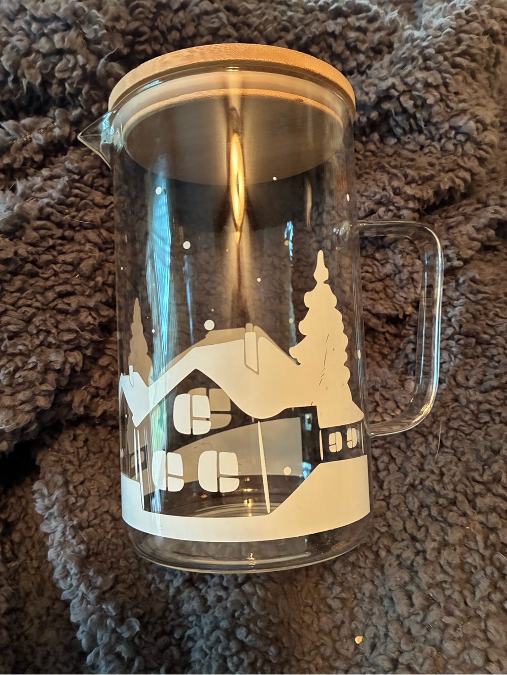 Glass Holiday Pitcher with White Winter Village Motif and Wood Lid